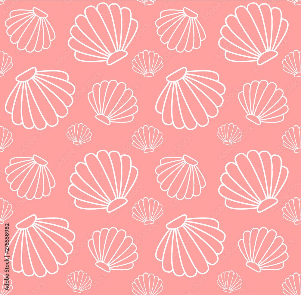 Vector seamless pattern of line white sea shell isolated on peach pink background Vector seamless pattern of line white sea shell isolated on peach pink background