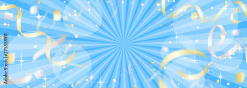 紙吹雪やテープが舞う水色の背景