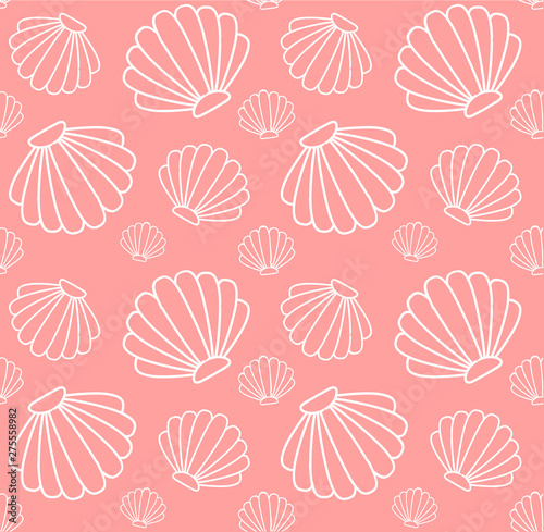 Vector seamless pattern of line white sea shell isolated on peach pink background