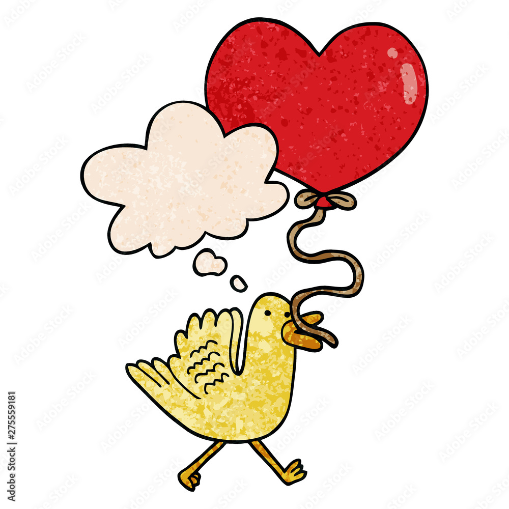 cartoon bird with heart balloon and thought bubble in grunge texture pattern style