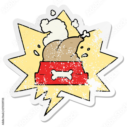 cartoon whole cooked turkey crammed into a dog bowl for a happy christmas pup and speech bubble distressed sticker