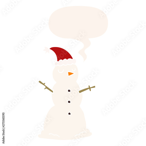 cartoon snowman and speech bubble in retro style