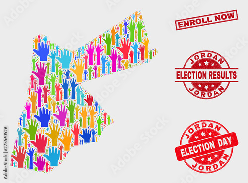 Election Jordan map and seal stamps. Red rectangle Enroll Now grunge seal. Bright Jordan map mosaic of upwards support arms. Vector composition for election day, and referendum results.