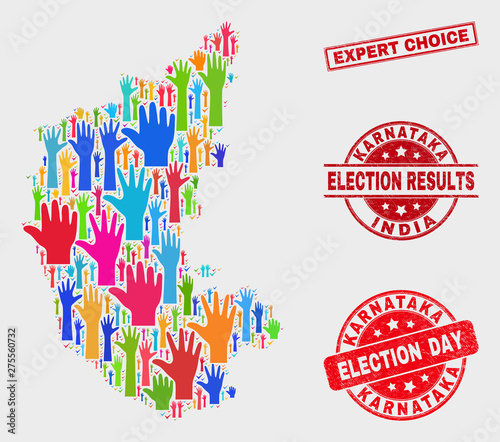 Electoral Karnataka State map and seal stamps. Red rectangular Expert Choice scratched seal. Colored Karnataka State map mosaic of upwards solution hands. Vector collage for election day,