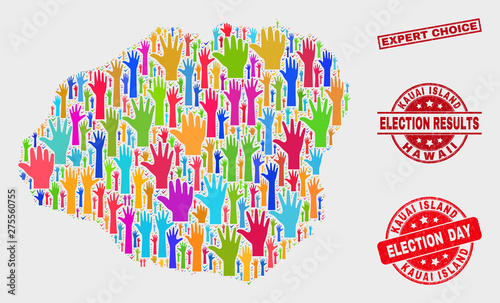 Voting Kauai Island map and seal stamps. Red rectangle Expert Choice distress seal. Bright Kauai Island map mosaic of upwards choice arms. Vector combination for election day, and referendum results.