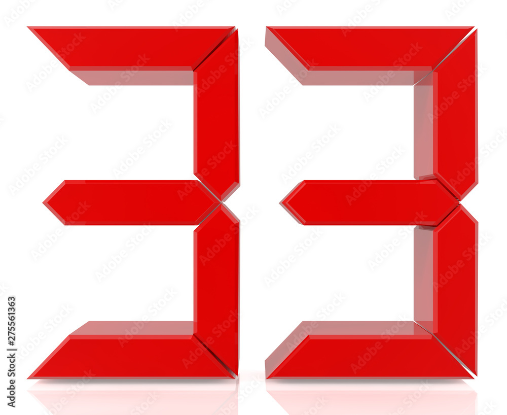 Red digital numbers 33 on white background 3d rendering Red digital numbers 33 on white background 3d rendering