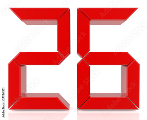 Red digital numbers 26 on white background 3d rendering