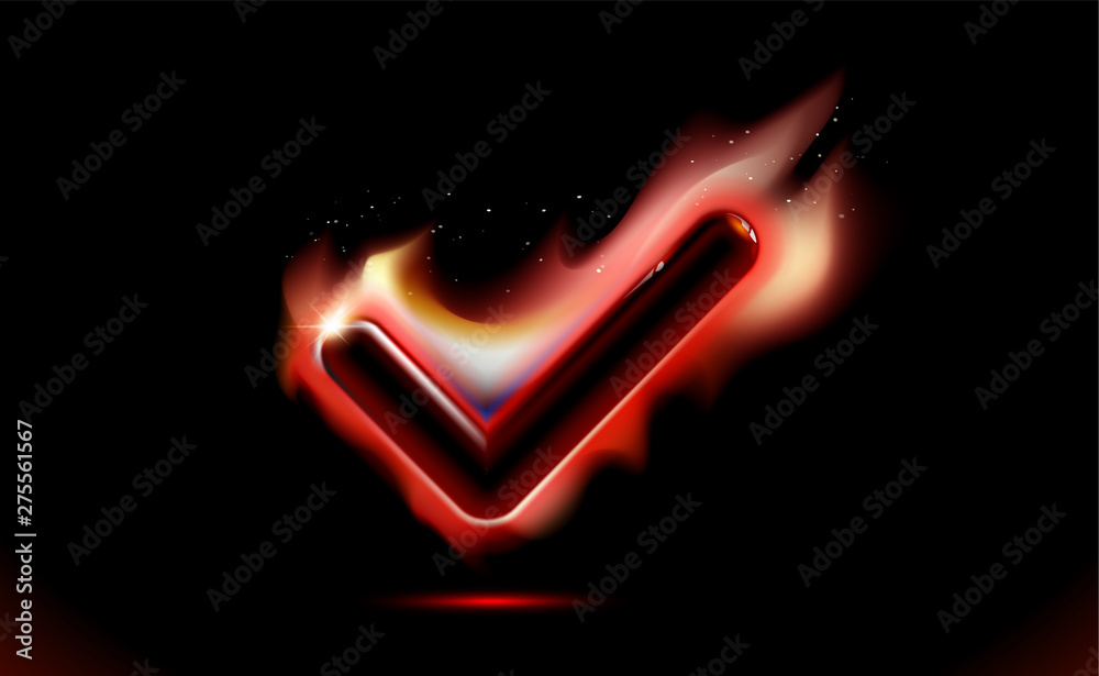 Checkmark Burning Fire icon, tick flames, symbol with Sparks effect. Modern ui fiery Heat. Flares Design presentation, Isolated On black background. Realistic vector bonfire light ad, illustration Checkmark Burning Fire icon, tick flames, symbol with Sparks effect. Modern ui fiery Heat. Flares Design presentation, Isolated On black background. Realistic vector bonfire light ad, illustration