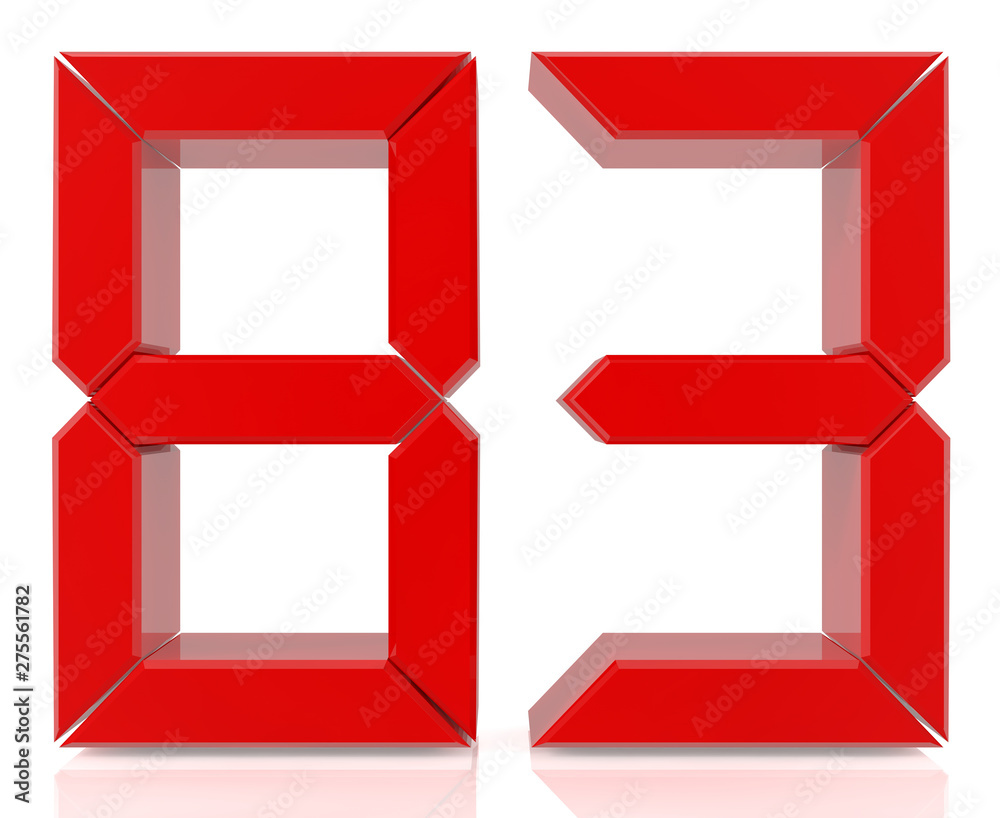 Red digital numbers 83 on white background 3d rendering Red digital numbers 83 on white background 3d rendering