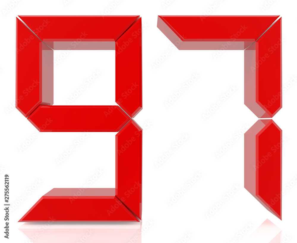 Red digital numbers 97on white background 3d rendering Red digital numbers 97on white background 3d rendering