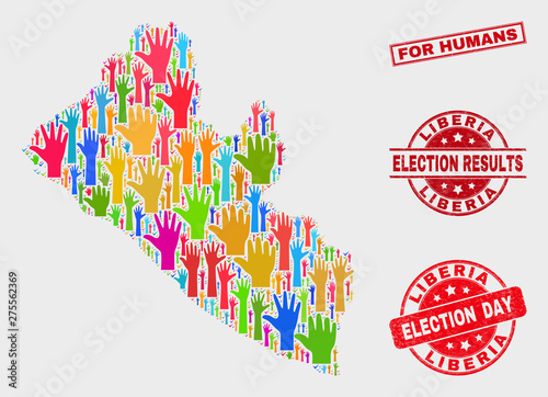 Election Liberia map and seal stamps. Red rectangle For Humans distress seal stamp. Colored Liberia map mosaic of raised up help arms. Vector combination for election day, and referendum results.