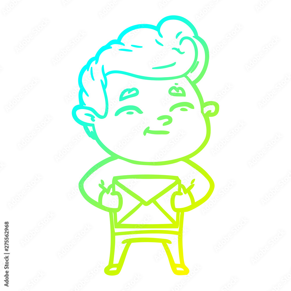 cold gradient line drawing happy cartoon man with gift