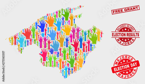 Election Majorca map and seal stamps. Red rectangular Free Grant scratched watermark. Colored Majorca map mosaic of raised up vote hands. Vector collage for election day, and referendum results.