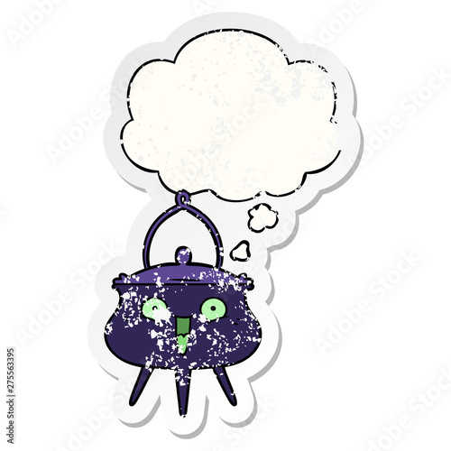 halloween cauldron cartoon and thought bubble as a distressed worn sticker