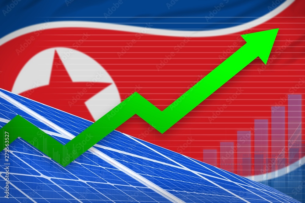 Fototapeta premium Democratic Peoples Republic of Korea (North Korea) solar energy power rising chart, arrow up - renewable natural energy industrial illustration. 3D Illustration