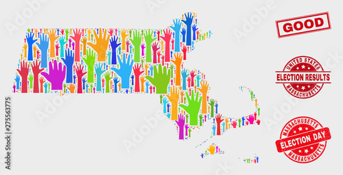 Ballot Massachusetts State map and watermarks. Red rectangular Good textured seal. Bright Massachusetts State map mosaic of raised solution hands. Vector collage for election day, and ballot results.