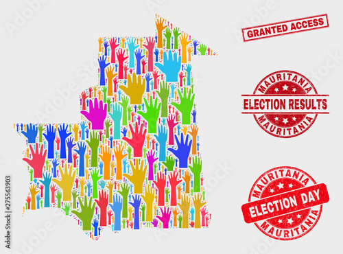 Ballot Mauritania map and watermarks. Red rectangle Granted Access distress seal. Colored Mauritania map mosaic of raised referendum arms. Vector collage for election day, and referendum results.