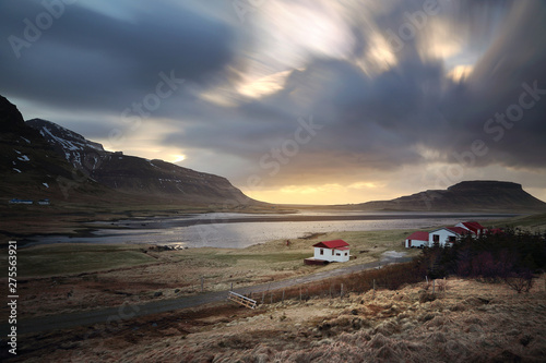 Beautiful scenery of natural from meadow and mountains on Ring road in Iceland.