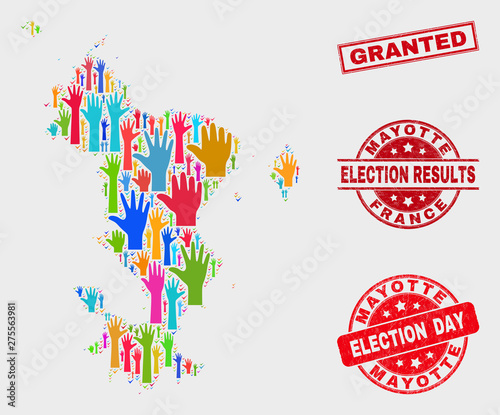 Ballot Mayotte Islands map and watermarks. Red rectangular Granted textured seal. Colorful Mayotte Islands map mosaic of raised voting arms. Vector combination for election day, and ballot results.