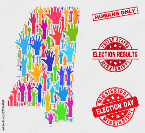 Electoral Mississippi State map and seal stamps. Red rectangular Humans Only distress seal stamp. Bright Mississippi State map mosaic of upwards referendum arms. Vector collage for election day,