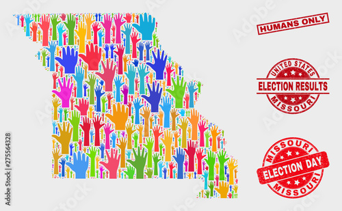 Ballot Missouri State map and seal stamps. Red rectangle Humans Only scratched seal. Bright Missouri State map mosaic of raised referendum arms. Vector collage for election day, and ballot results.