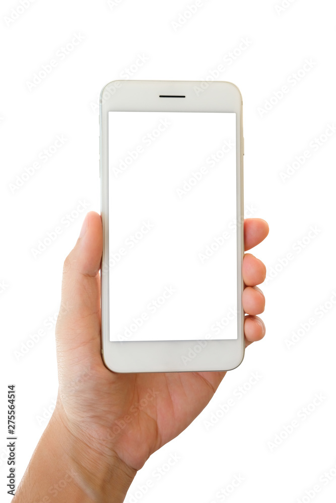 Man hand holding smartphone with blank screen isolated on white background, clipping path. Man hand holding smartphone with blank screen isolated on white background, clipping path.