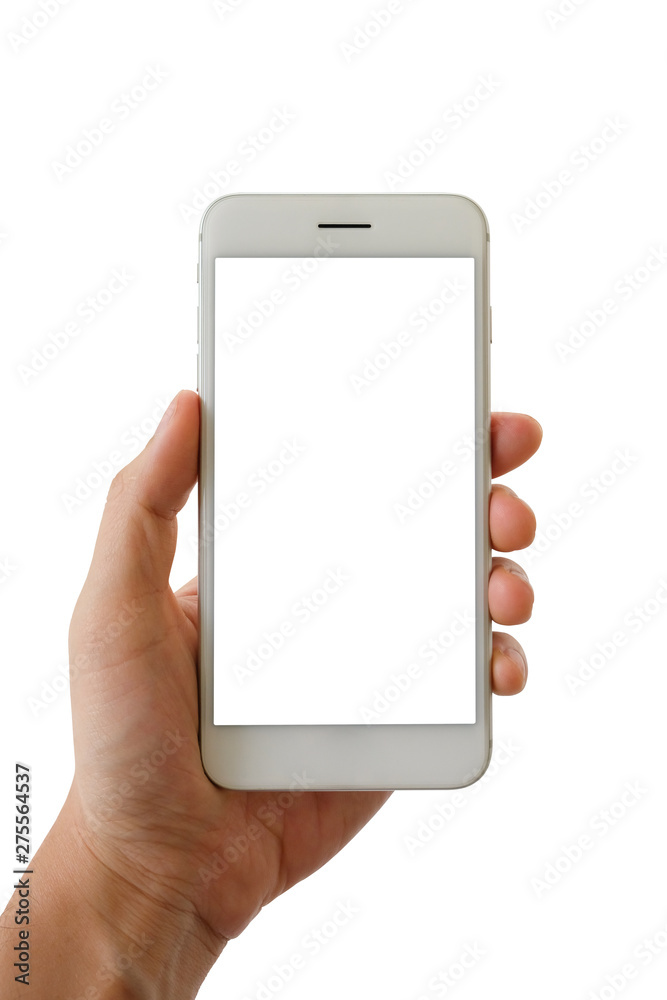 Man hand holding smartphone with blank screen isolated on white background, clipping path. Man hand holding smartphone with blank screen isolated on white background, clipping path.