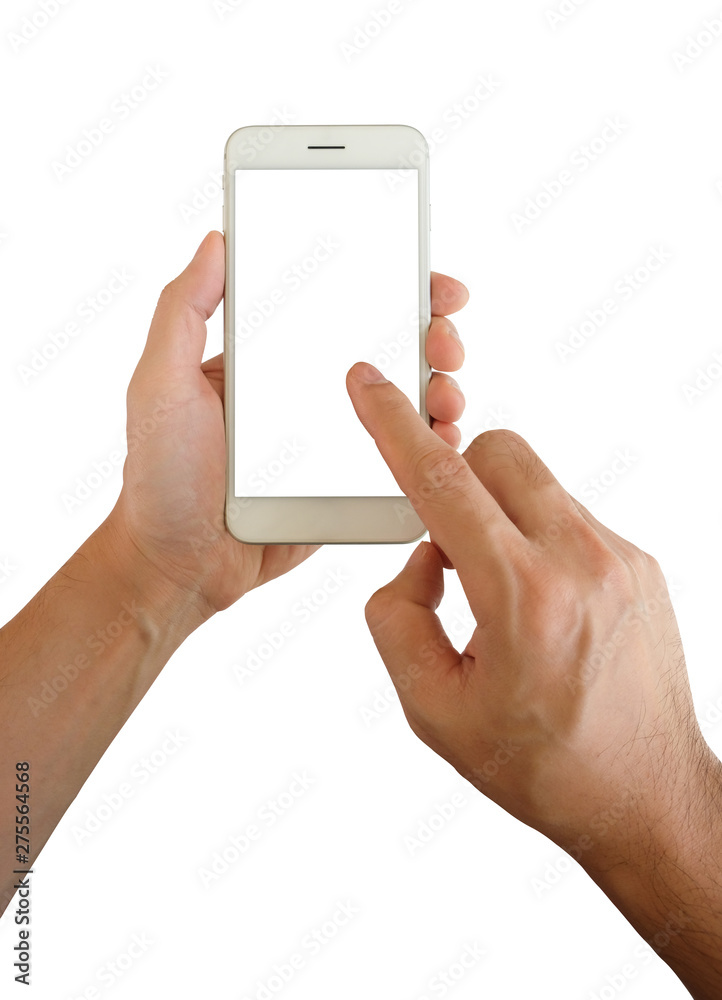 Man hand holding and touching smartphone with blank screen isolated on white background, clipping path.