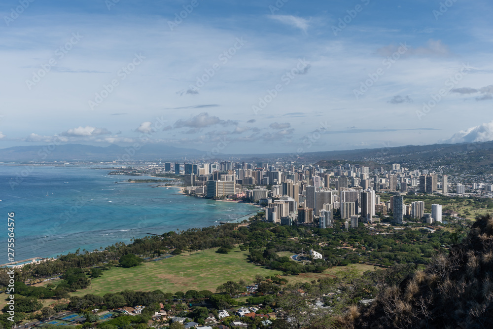 Beautiful panoramic aerial Honolulu and Waikiki beach vista, Oahu, Hawaii