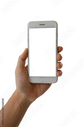 Man hand holding smartphone with blank screen isolated on white background, clipping path.