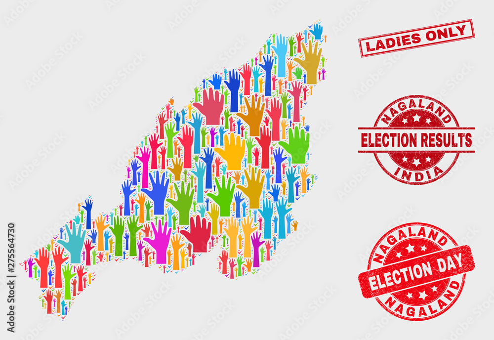 Democracy Nagaland State map and seal stamps. Red rectangular Ladies Only grunge seal. Colorful Nagaland State map mosaic of upwards voting hands. Vector combination for election day,