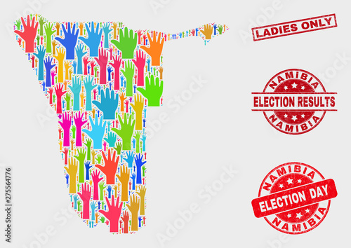 Election Namibia map and watermarks. Red rectangle Ladies Only distress seal stamp. Colorful Namibia map mosaic of raised up solution arms. Vector composition for election day, and referendum results.