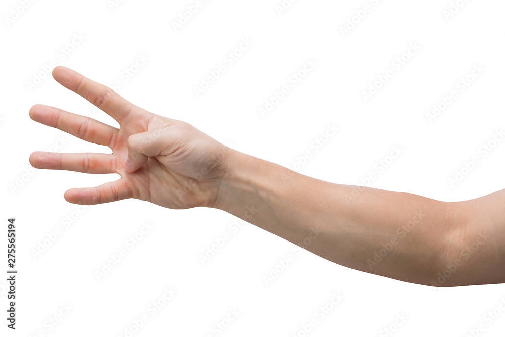 Man hand showing four fingers isolated on white background with clipping path. Man hand showing four fingers isolated on white background with clipping path.