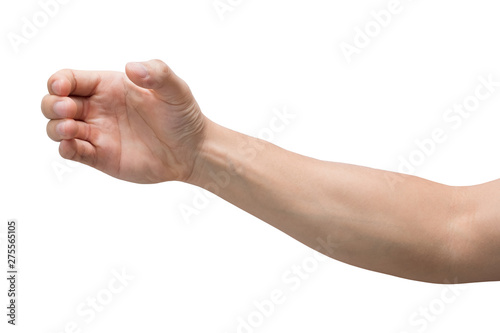 a hand holding something like a bottle or smartphone isolated on white background with clipping path.