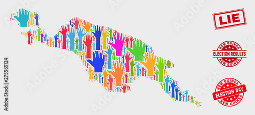 Vote New Guinea map and watermarks. Red rectangle Lie grunge seal. Colored New Guinea map mosaic of upwards vote hands. Vector combination for election day, and ballot results.