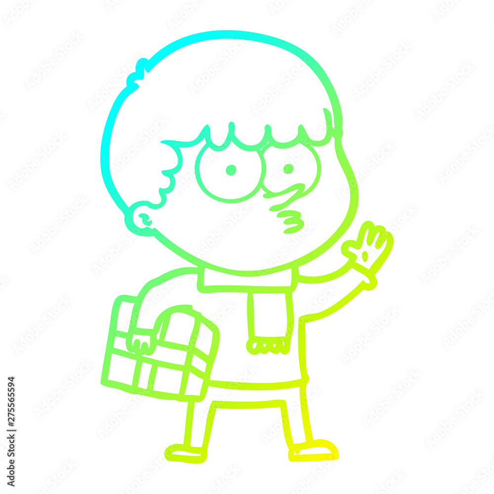cold gradient line drawing cartoon curious boy carrying a gift cold gradient line drawing cartoon curious boy carrying a gift