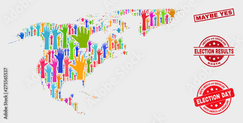 Ballot North America and Greenland map and stamps. Red rectangular Maybe Yes distress seal stamp. Bright North America and Greenland map mosaic of upwards decision hands.