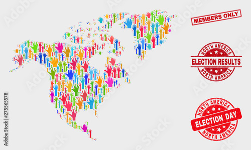 Democrat North America map and seal stamps. Red rectangle Members Only textured seal stamp. Bright North America map mosaic of raised election arms. Vector composition for election day,