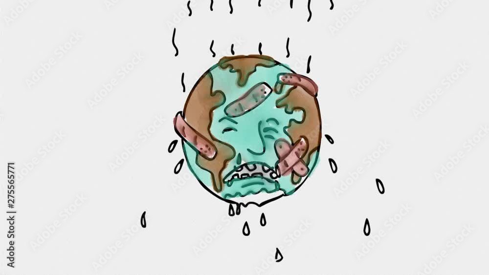 2d Animation motion graphics showing a watercolor of sad mother earth with patches and bandages feeling hot, sweating and crying on white screen in HD 1080 high definition.