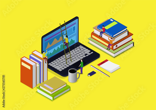 Online education concept with books and laptop illustration