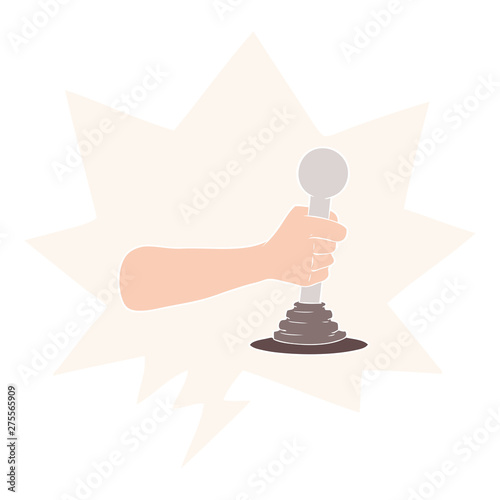 cartoon hand pulling lever and speech bubble in retro style