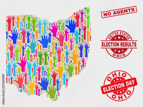 Electoral Ohio State map and seal stamps. Red rectangle No Agents distress seal. Bright Ohio State map mosaic of raised support hands. Vector combination for election day, and referendum results.