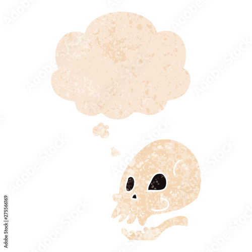 cartoon skull and thought bubble in retro textured style