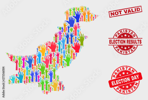 Election Pakistan map and seals. Red rectangle Not Valid textured seal stamp. Colorful Pakistan map mosaic of raised election hands. Vector composition for election day, and referendum results.