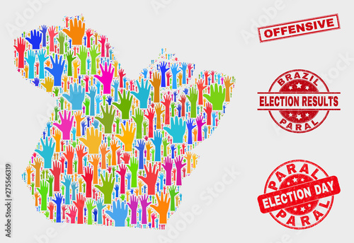 Ballot Paral State map and seal stamps. Red rectangular Offensive grunge watermark. Bright Paral State map mosaic of upwards ballot hands. Vector combination for election day, and ballot results.