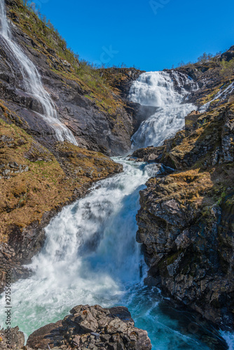 Kjosfossen waterfall on the flamsbana mountain railway, Norway.