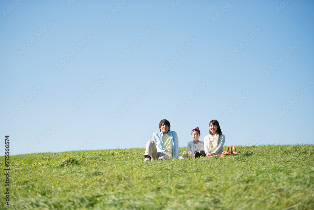 草原でピクニックをするファミリー