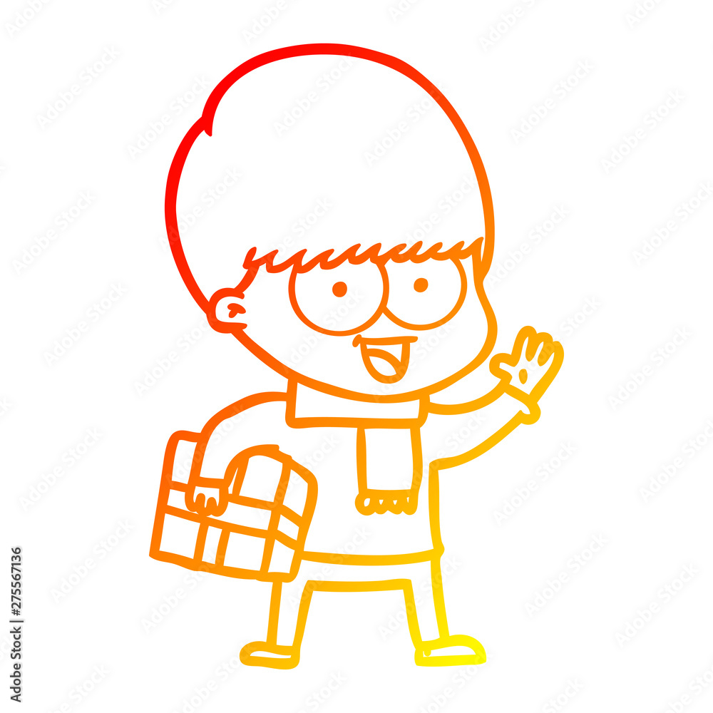 warm gradient line drawing happy cartoon boy with present warm gradient line drawing happy cartoon boy with present