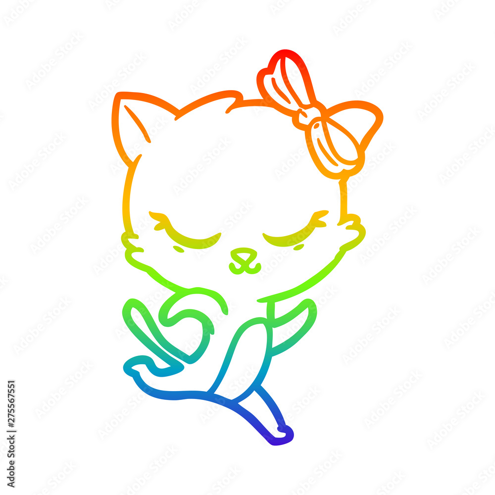 rainbow gradient line drawing cute cartoon cat with bow running