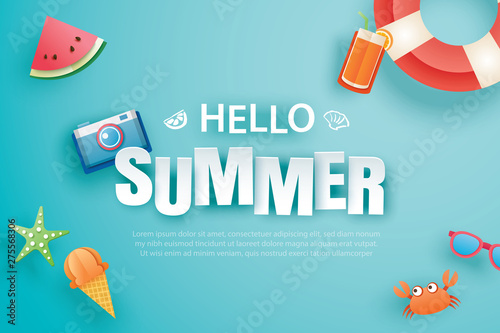 Hello summer with decoration origami on blue background. Paper art and craft style. Vector illustration of life ring, camera, sunglasses.